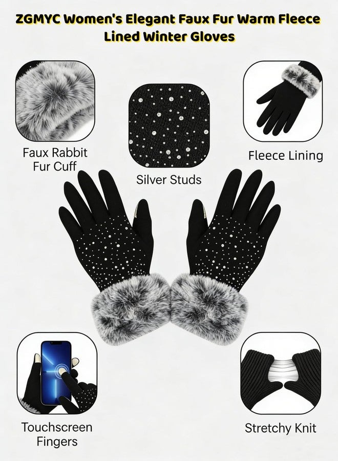 ZGMYC Women Touchscreen Fleece Lined Winter Gloves Luxurious Rhinestones Mittens with Rabbit Fur Cuffs Black - Image 5